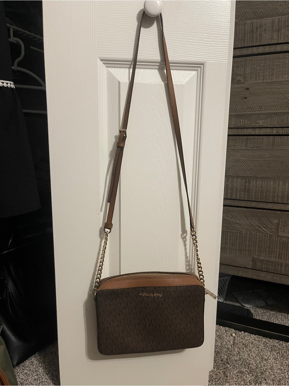 Michael Kors Brown Monogram Crossbody with Tan Trim